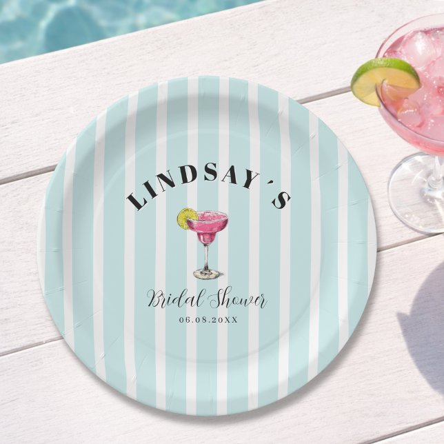 Plato De Papel Fiesta de Despedida de Soltera Cóctel de Raya Azul (Blue Stripe Cocktail Bridal Shower Paper Plates)