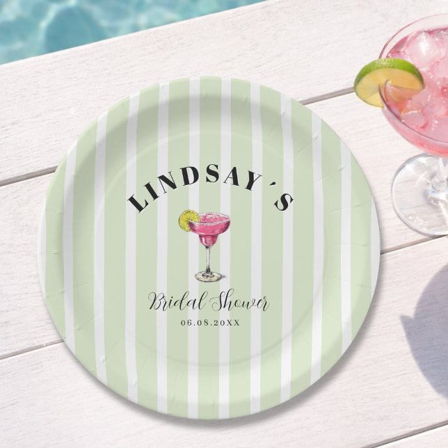Plato De Papel Fiesta de Despedida de Soltera Cóctel de Raya Verd (Green Stripe Cocktail Bridal Shower Paper Plates)