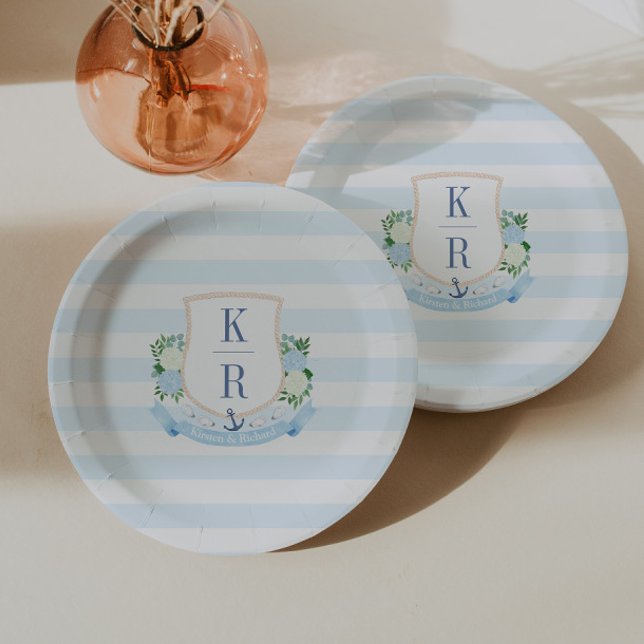 Plato De Papel Fiesta de Despedida de Soltera con Monograma Coste (Elegant coastal monogram paper plates for beach theme wedding or couples shower party)