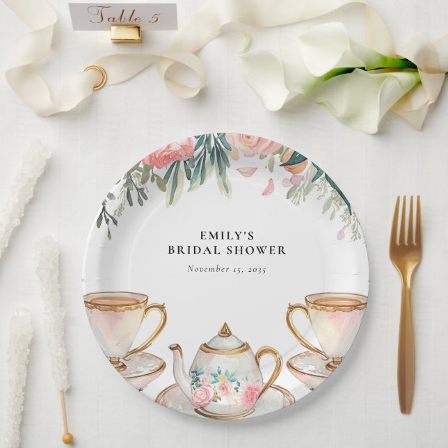 Plato De Papel Fiesta de Despedida de Soltera Elegante de Té Flor (Boda)