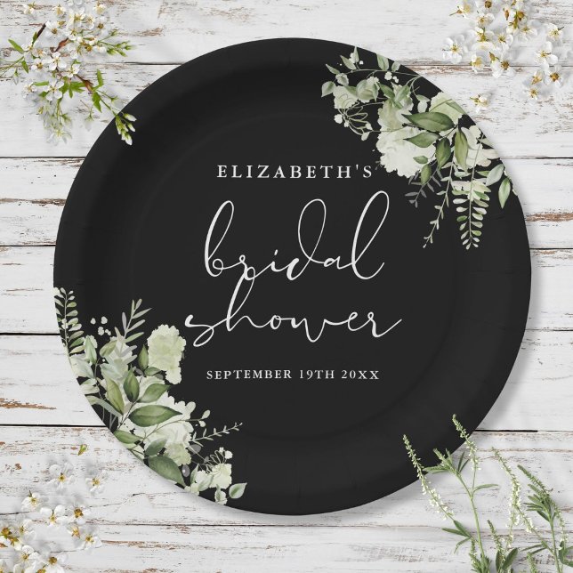 Plato De Papel Fiesta de Despedida de Soltera Elegante Verde y Bl (Greenery Elegant Black And White Bridal Shower Paper Plates)
