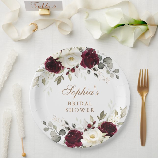 Plato De Papel Fiesta de Despedida Floral Burgundy Blanco Verdor  (Boda)