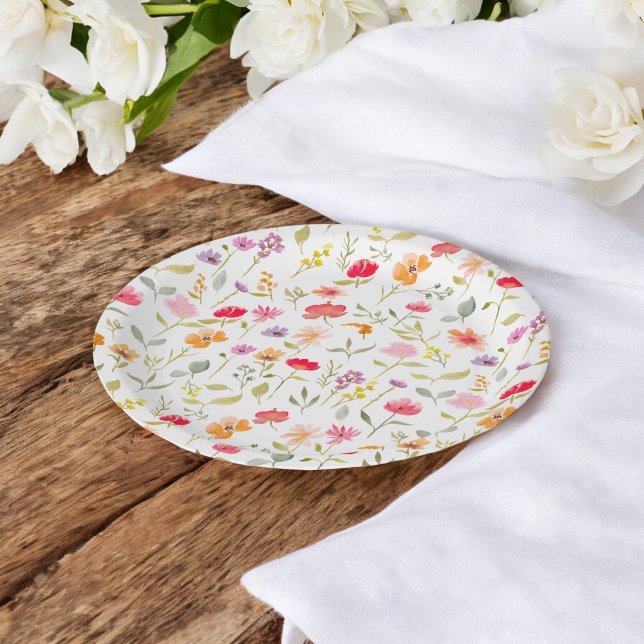Plato De Papel Fiesta de despedida floral de jardín de flores sil (Boho wildflowers garden floral bridal shower party paper plates)