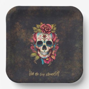 Plato De Papel Fiesta de Día de Muertos Calavera de Azúcar Floral