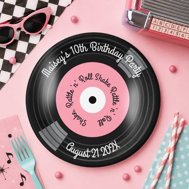 Plato De Papel Fiesta de discos de vinilo retro (Pink retro vinyl album record paper plate)