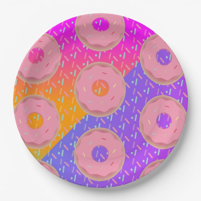 Plato De Papel Fiesta de Donut con Gradiente de Neón y Purpurina (Anverso)