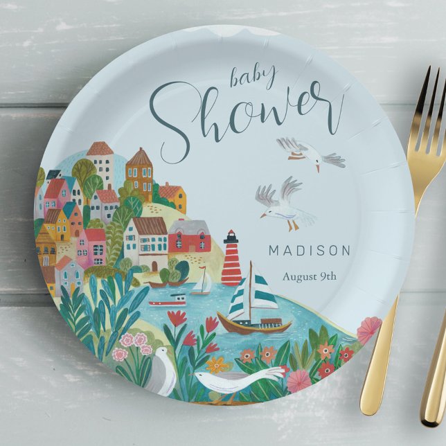 Plato De Papel Fiesta de ducha de bebé (Coastal boy baby shower party paper plates)