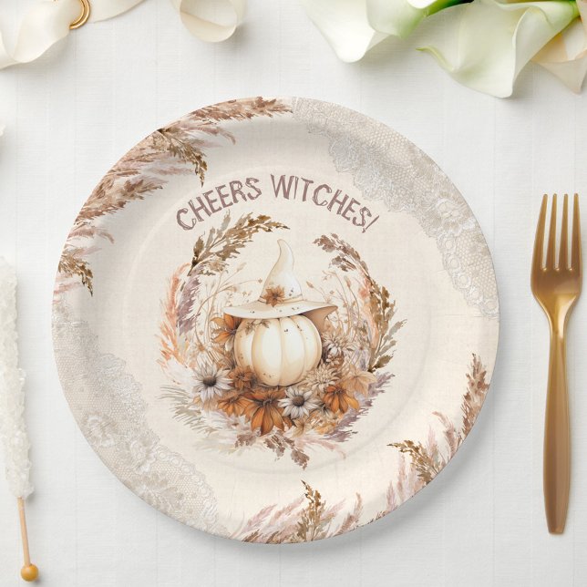 Plato De Papel Fiesta de ducha de novia de Good Witch Halloween (Good Witch Pumpkin in Boho style Paper Plates)