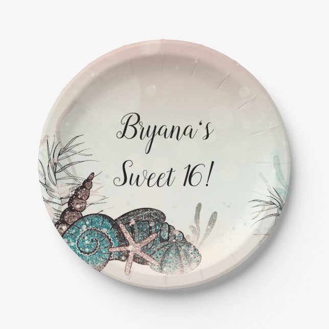 Plato De Papel Fiesta de Dulces 16 bajo conchas de mar rosadas en (Anverso)