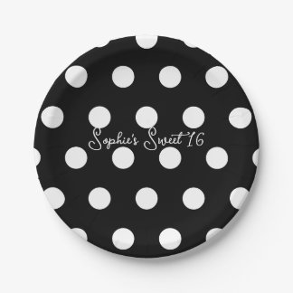 Plato De Papel Fiesta de Dulces 16 con Lunares Blancos y Negros