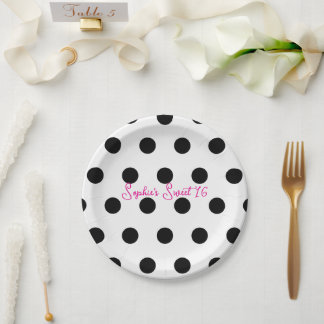 Plato De Papel Fiesta de Dulces 16 con Lunares Blancos y Negros