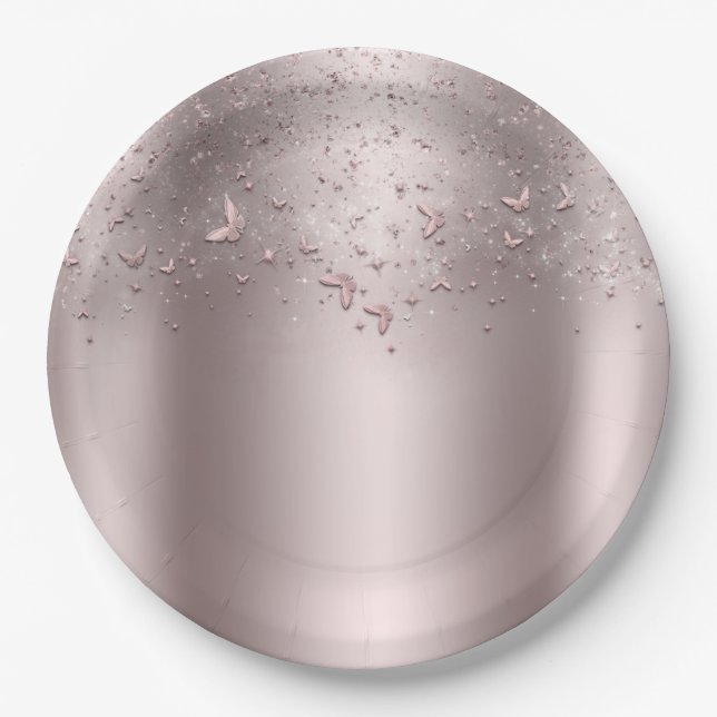 Plato De Papel Fiesta de Dulces 16 Mariposa Brillo Rosa (Anverso)