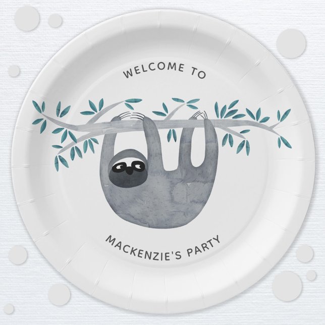 Plato De Papel Fiesta de eslogan de cute (Cute sloth party personalized paper plate)
