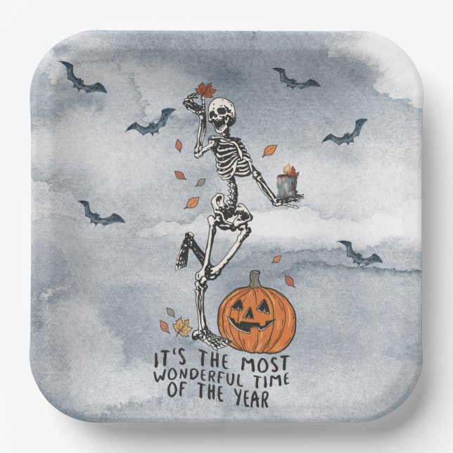 Plato De Papel Fiesta de esqueletos de baile de Halloween (Anverso)