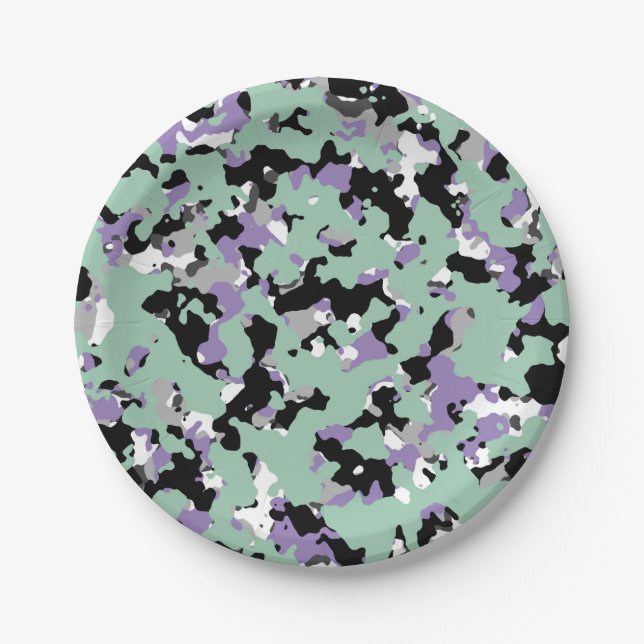 Plato De Papel Fiesta de Estampado de Camuflaje Verde Menta y Mor (Anverso)