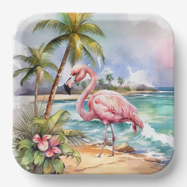 Plato De Papel Fiesta de flamenco rosa de playa linda (Anverso)