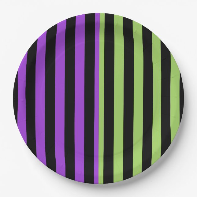 Plato De Papel Fiesta de franja de Halloween verde morado y negro (Anverso)