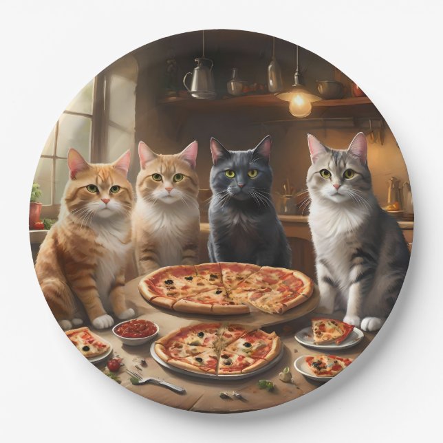 Plato De Papel Fiesta de gatos Pizza Noche, (Anverso)