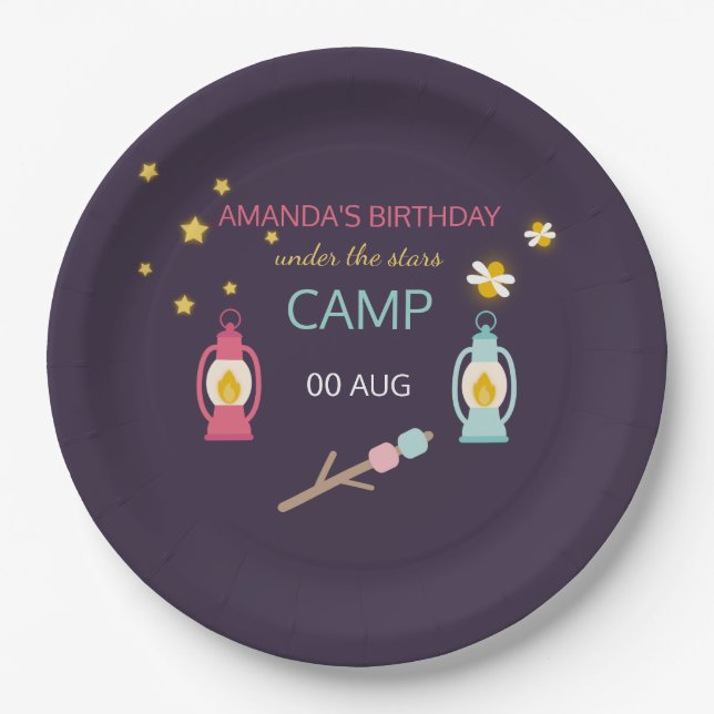 Plato De Papel Fiesta de glamping para chicas personalizada (Anverso)
