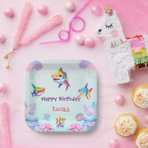 Plato De Papel Fiesta de globo de globo de cumpleaños de tiburón