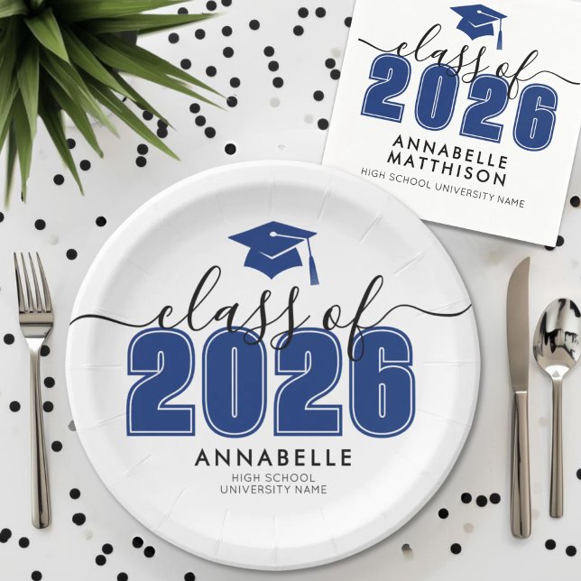Plato De Papel Fiesta de Graduación Azul (Graduate Class Of 2026 Blue Graduation Party Paper Plates )
