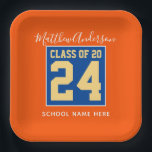 Plato De Papel Fiesta de Graduación Clase 2026 Naranja Azul y Dor<br><div class="desc">Felicitaciones</div>