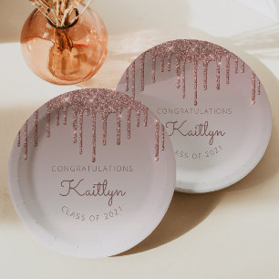 Plato De Papel Fiesta de Graduación con Brillo Rosa Chic