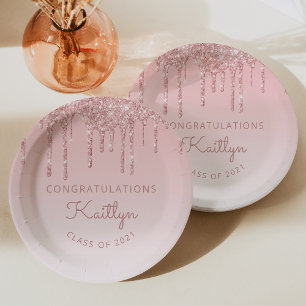 Plato De Papel Fiesta de Graduación con Drip de Brillo Rosa Chic