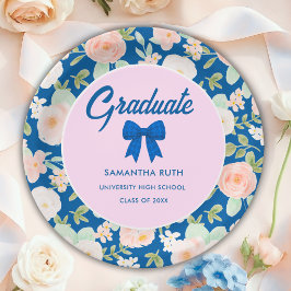 Plato De Papel Fiesta de Graduación con Lazo de Gingham Azul Flor