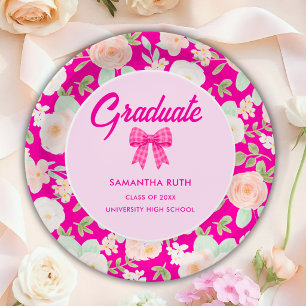 Plato De Papel Fiesta de Graduación con Lazo de Gingham Rosa Fuer