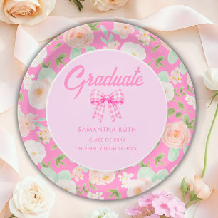 Plato De Papel Fiesta de Graduación con Lazo de Gingham Rosa Wild