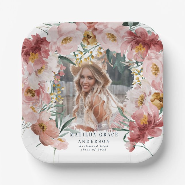 Plato De Papel Fiesta de graduación de foto de una chica rosa con (Anverso)