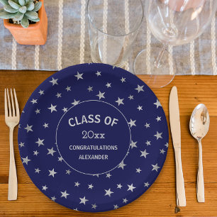 Plato De Papel Fiesta de graduación de las estrellas azul y plata