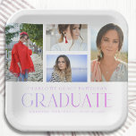 Plato De Papel Fiesta de graduación de múltiples fotografías de g<br><div class="desc">Simple Script Multi Photo Graduation Party Plates Paper Tableware incluye cuatro de tus fotos favoritas de tu graduado universitario o de secundaria en la parte delantera con el elegante y moderno guión de caligrafía morada "Graduate" overlay. Personaliza con nombre, clase y escuela o universidad. Sencillo, elegante y elegante. Creado por...</div>