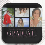 Plato De Papel Fiesta de graduación de múltiples fotografías de g<br><div class="desc">Simple Script Multi Photo Graduation Party Plates Paper Tableware incluye cuatro de tus fotos favoritas de tu graduado universitario o de secundaria en el frente con el elegante y moderno guión de caligrafía rosa "Graduate" overlay. Personaliza con nombre, clase y escuela o universidad. Sencillo, elegante y elegante. Creado por ©Evco...</div>
