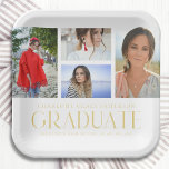 Plato De Papel Fiesta de graduación de múltiples fotografías de g<br><div class="desc">Simple Script Multi Photo Graduation Party Plates Paper Tableware incluye cuatro de tus fotos favoritas de tu graduado universitario o de secundaria en la parte delantera con el elegante y moderno guión de caligrafía de oro "Graduate" overlay. Personaliza con nombre, clase y escuela o universidad. Sencillo, elegante y elegante. Creado...</div>