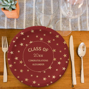 Plato De Papel Fiesta de graduación de Red and Gold Stars