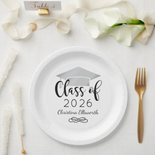 Plato De Papel Fiesta de Graduación Elegante Escritura Plata
