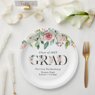 Plato De Papel Fiesta de Graduación Floral Acuarela Rosa y Blanco