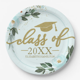 Plato De Papel Fiesta de Graduación Floral Dorado Teal Clase 2021