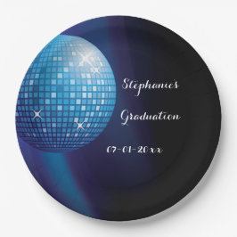 Plato De Papel Fiesta de Graduación Glamurosa Bola de Disco Azul