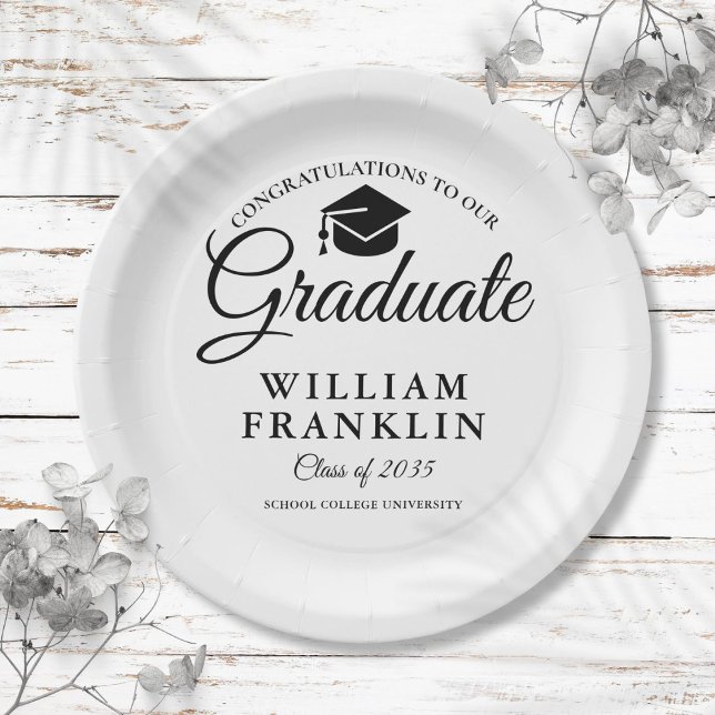 Plato De Papel Fiesta de Graduación Moderna Simple en Blanco y Ne (Modern Simple Black And White Graduation Party Paper Plates)