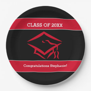 Plato De Papel Fiesta de graduación negra y roja del Mortarboard