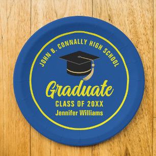 Plato De Papel Fiesta de Graduación Personalizada Azul Amarillo