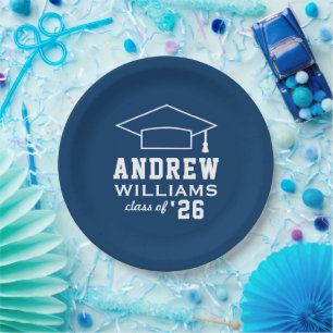 Plato De Papel Fiesta de Graduación Personalizada Azul Marino Mod