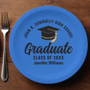 Plato De Papel Fiesta de Graduación Personalizada Azul Negro para