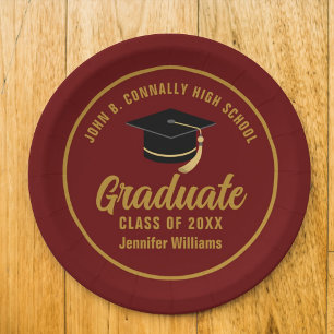 Plato De Papel Fiesta de Graduación Personalizada Maroon Gold Gra