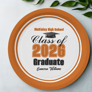 Plato De Papel Fiesta de Graduación Personalizada Naranja Clase d