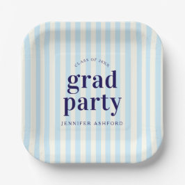 Plato De Papel Fiesta de Graduación Rayas Retro Modernas Azules