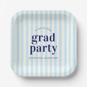 Plato De Papel Fiesta de Graduación Rayas Retro Modernas Azules